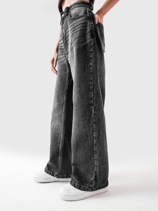 Rage denim female model back view washed black streetwear Pakistan – GROOVY