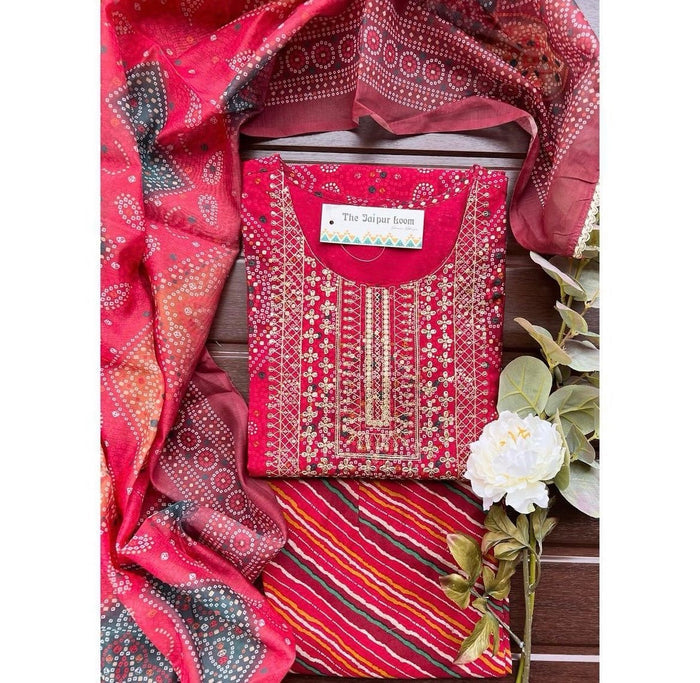 Red Bandhej Chanderi Suit