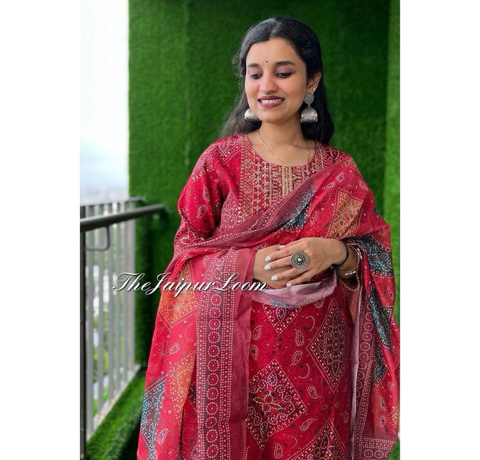 Red Bandhej Chanderi Suit