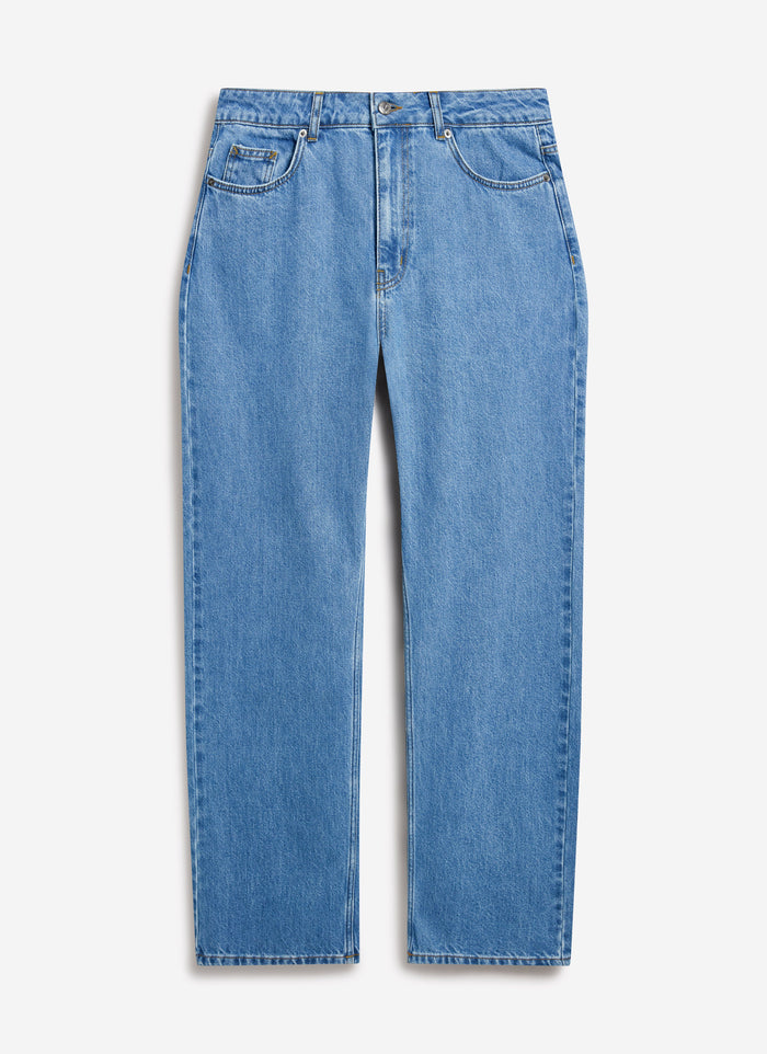 The Percival Wide Leg Denim Jeans in light wash blue, laid flat against a white studio background.