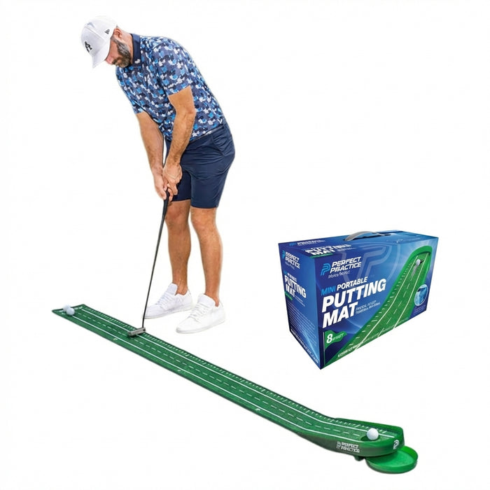 Composite image featuring a male golfer in mid-stroke on the 8ft Perfect Practice putting mat next to the mini portable product box.
