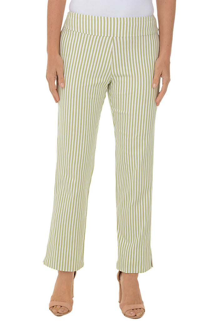 A front shot of a model wearing a pair of green striped flared ankle pants with an elastic waistband, flat front and back, and side slits on the hemline.