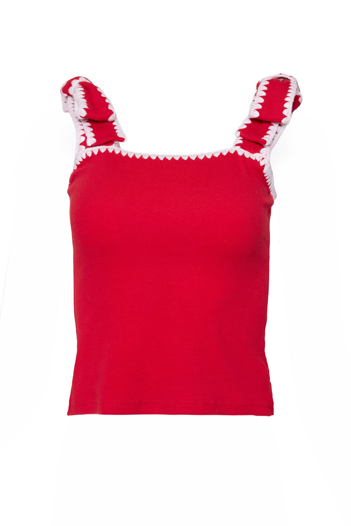 The Sammi Top in Firework Red by Ivy City Co is a sleeveless, ribbed top with thick shoulder straps, white scalloped trim, and a square neckline. Its fitted design makes it perfect for festive Fourth of July summer gatherings.