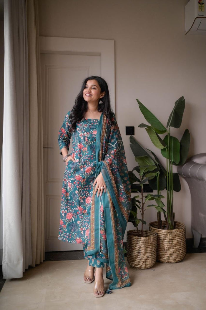 Samya Budget Cotton Suit- Teal Florals