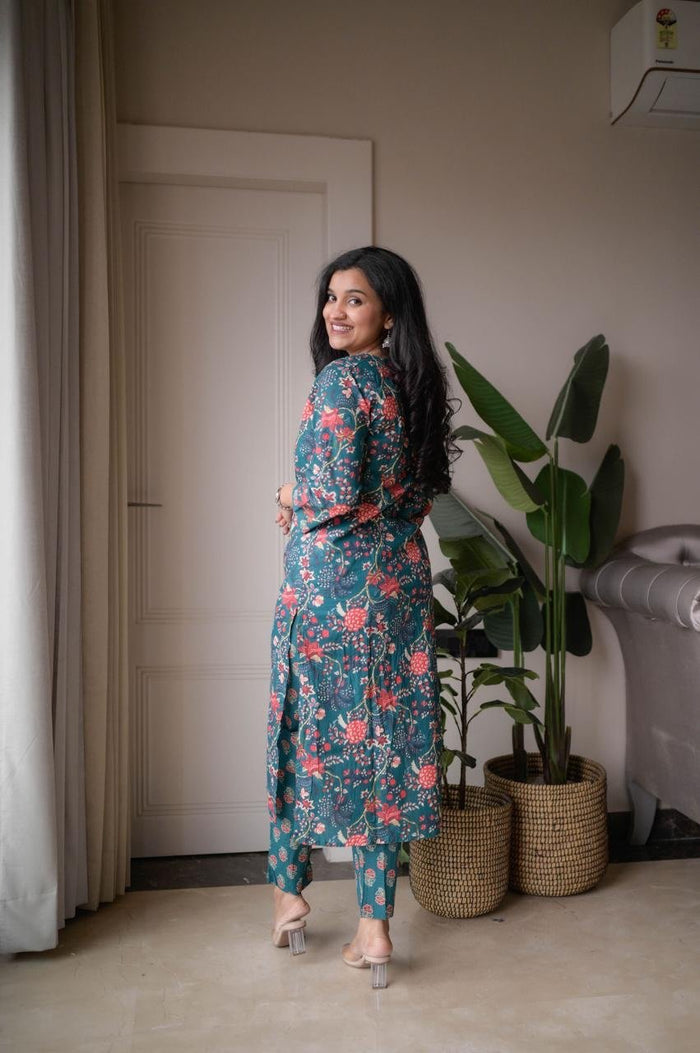 Samya Budget Cotton Suit- Teal Florals