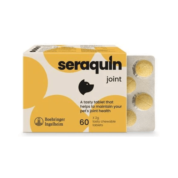 White background with a yellow and cream box of Seraquin Joint supplement. On the packet is a silhouette of a dog's head with additional text 'A tasty tablet that helps to maintain your pet's joint health.'