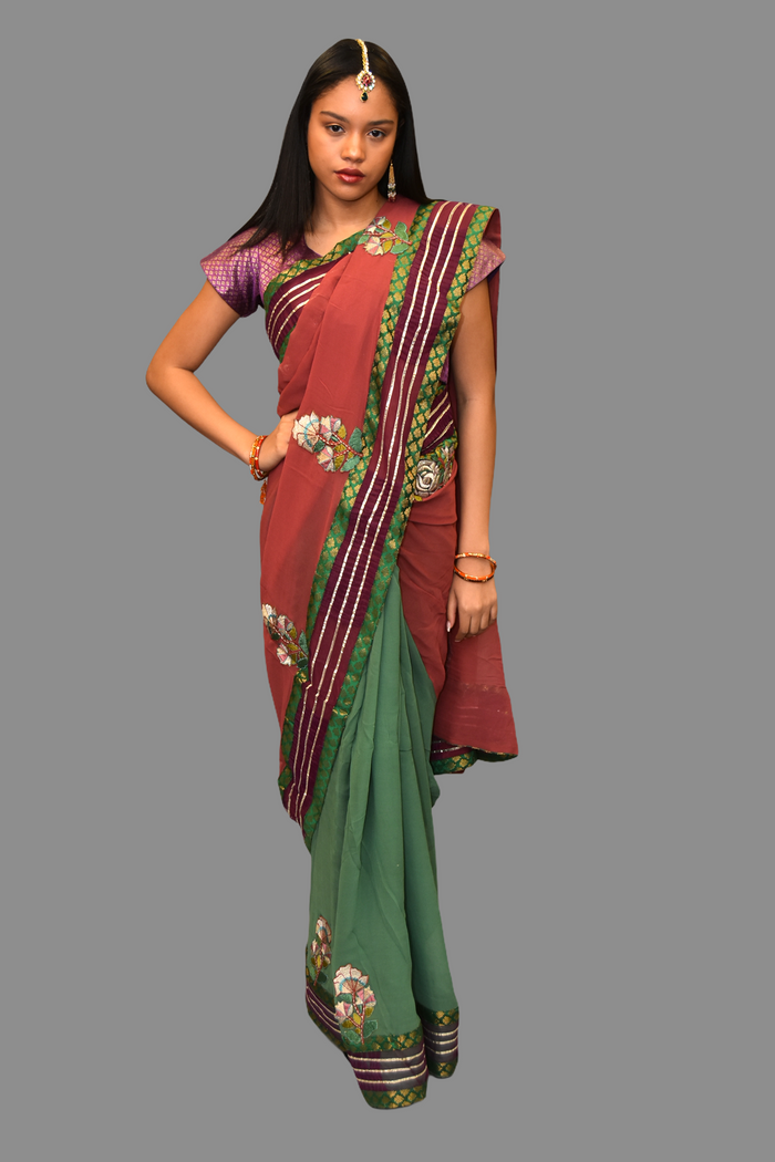 Silk Embroidered Fern Green Saree With Contrast Light Raspberry Wine Pallu