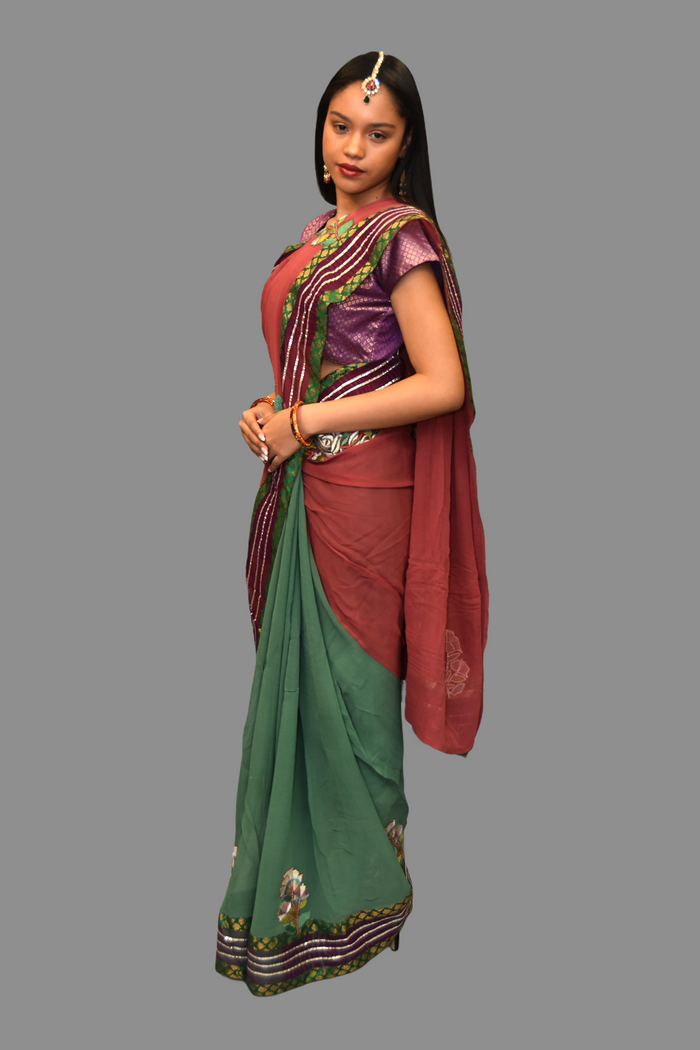 Silk Embroidered Fern Green Saree With Contrast Light Raspberry Wine Pallu