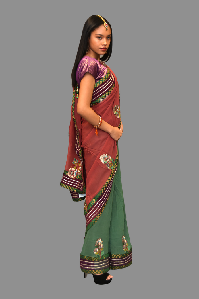 Silk Embroidered Fern Green Saree With Contrast Light Raspberry Wine Pallu