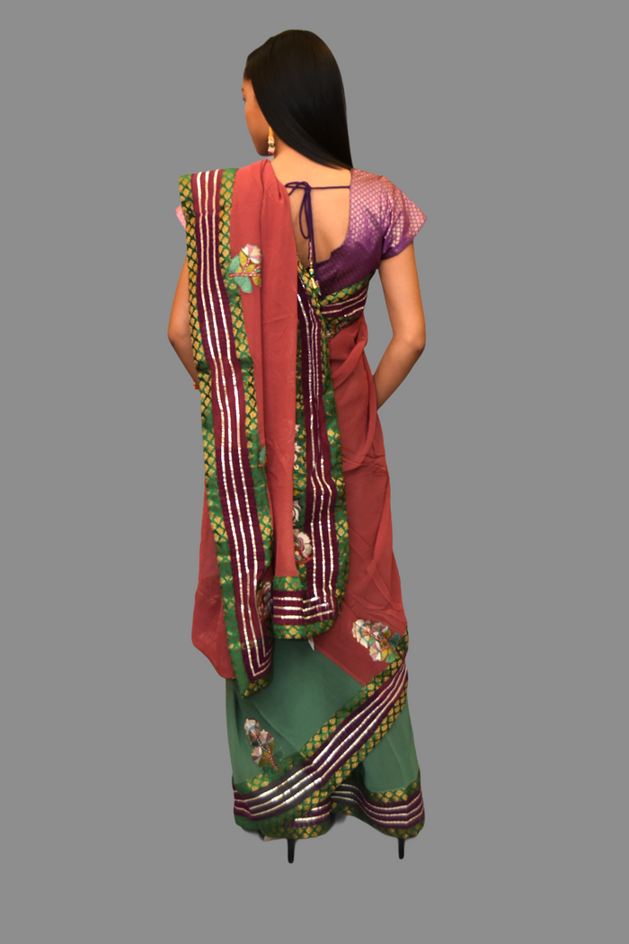 Silk Embroidered Fern Green Saree With Contrast Light Raspberry Wine Pallu