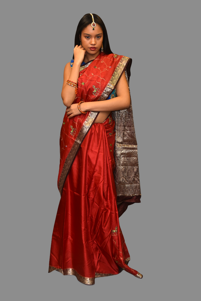 Silk Embroidered Ruby Red With Contrast Chocolate Brown Border Saree