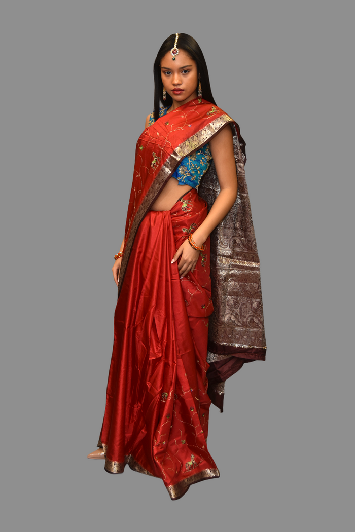 Silk Embroidered Ruby Red With Contrast Chocolate Brown Border Saree