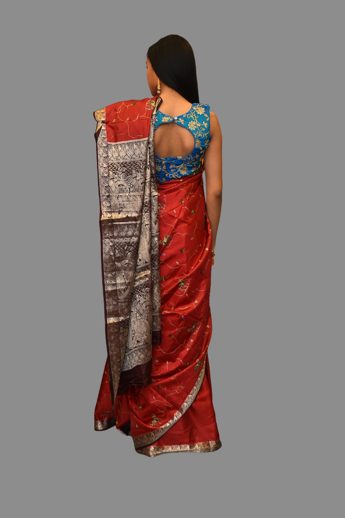 Silk Embroidered Ruby Red With Contrast Chocolate Brown Border Saree