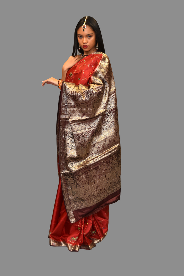 Silk Embroidered Ruby Red With Contrast Chocolate Brown Border Saree