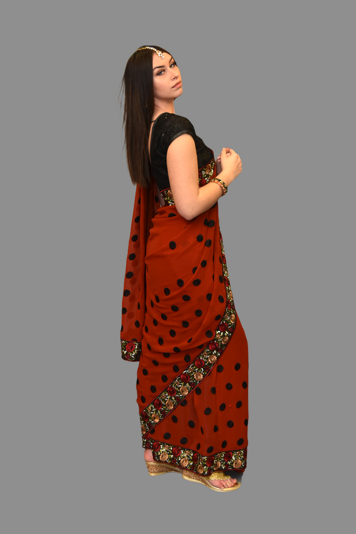 Silk Georgette Embroidered Cranberry Red Saree