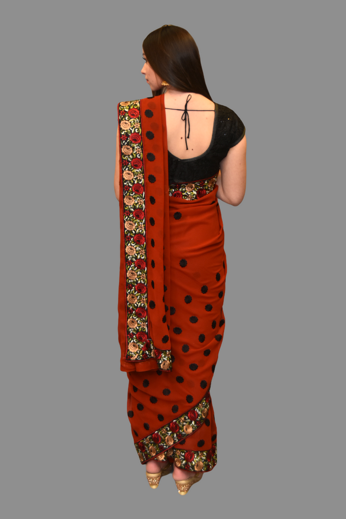 Silk Georgette Embroidered Cranberry Red Saree