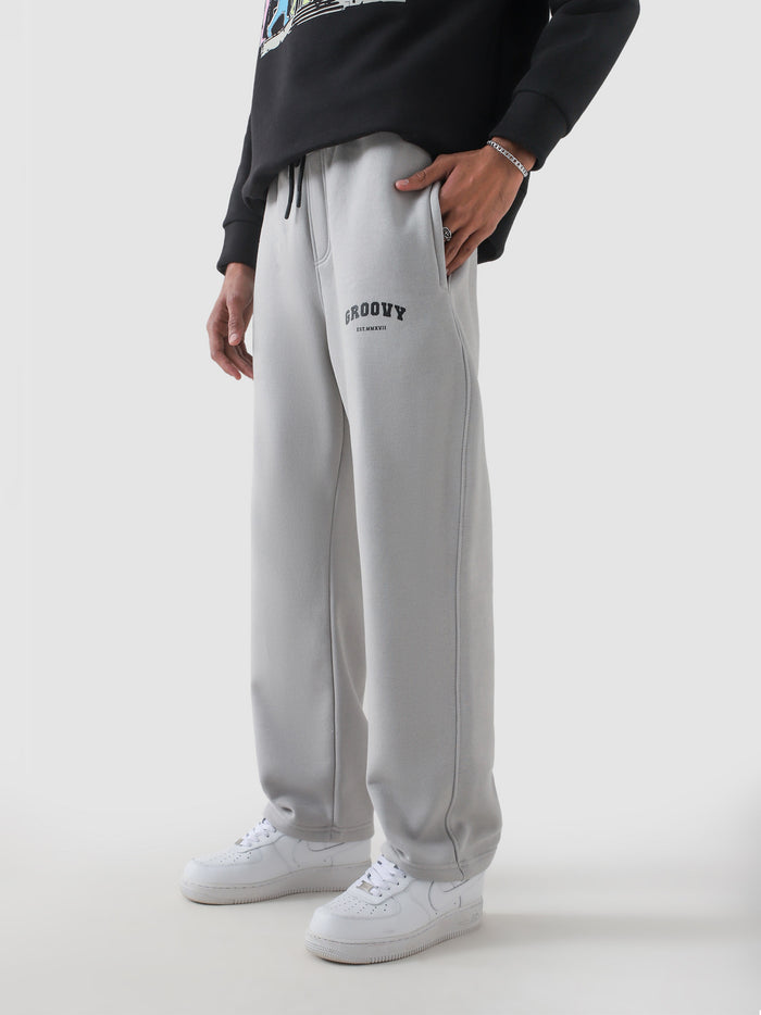 Slate grey trouser female model back view 290 GSM cotton streetwear Pakistan – GROOVY