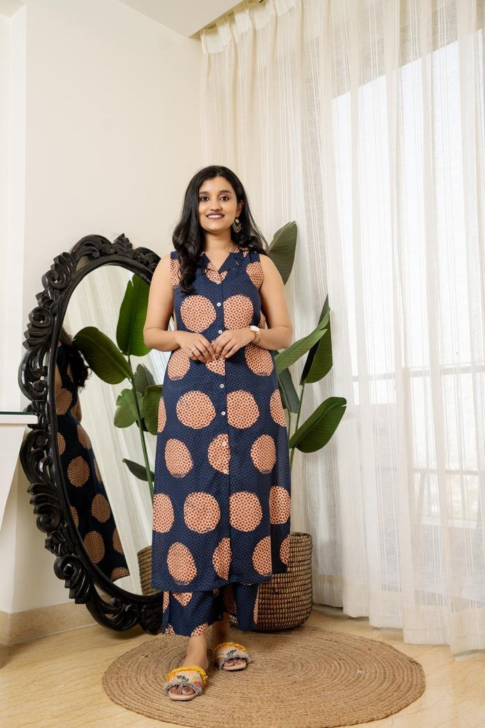 Sleeveless Coord Set- Navy Circles