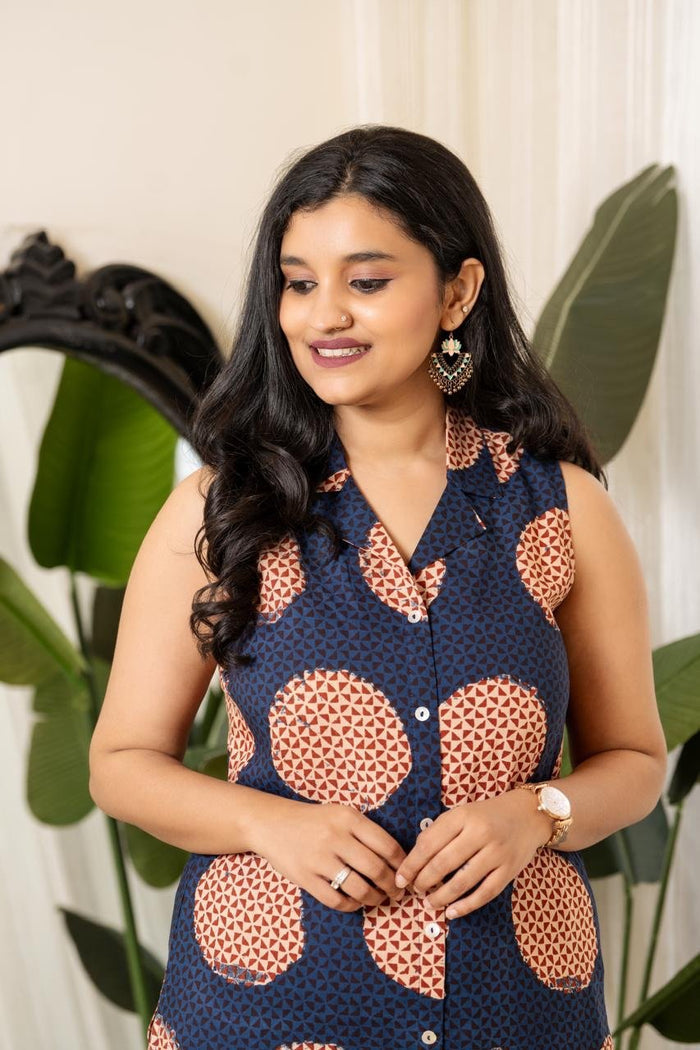 Sleeveless Coord Set- Navy Circles