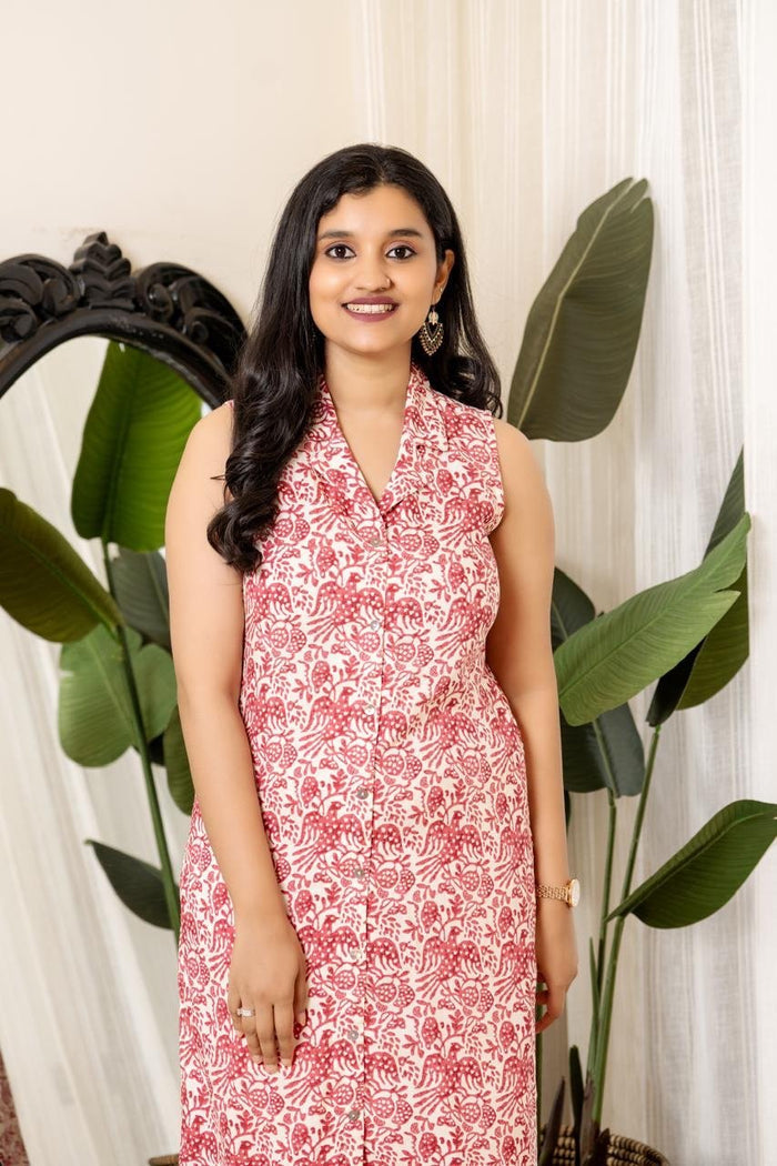 Sleeveless Coord Set- White Pink Jaal