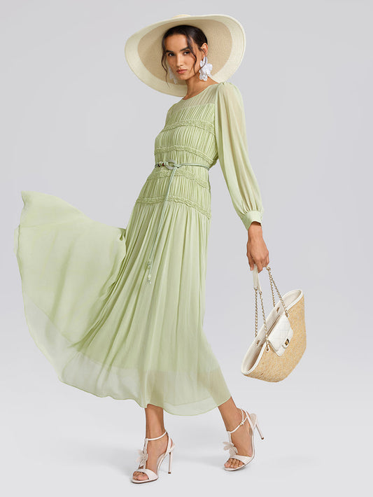Smocked Pleated Dress (Belt Included)