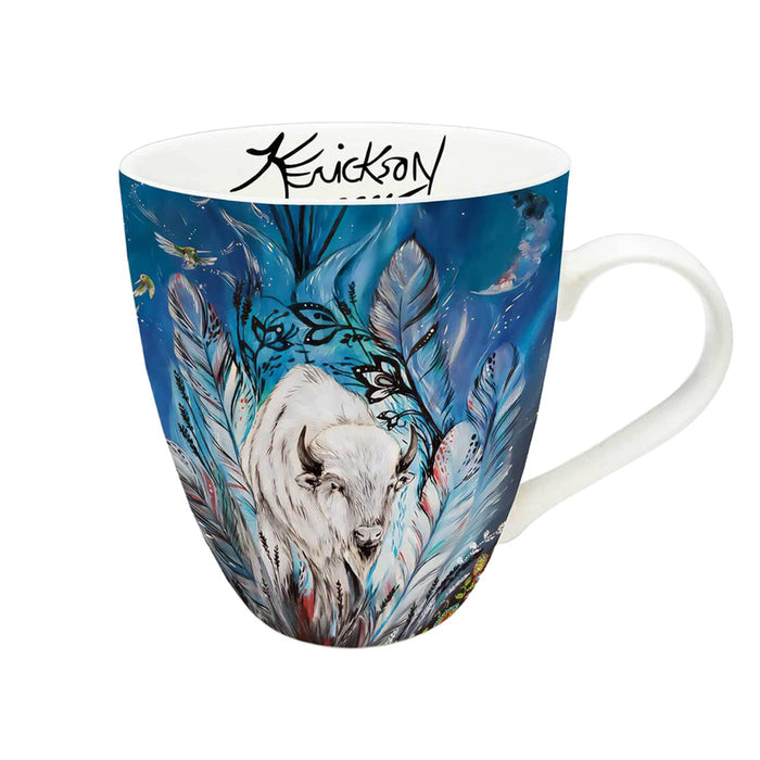 Mug with artistic design of a white animal, feathers, and blue background on a white background
