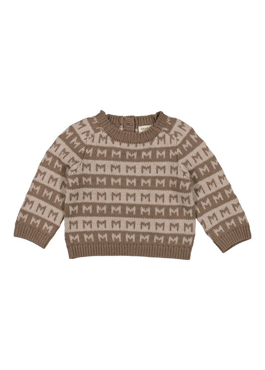 brown baby knit with M pattern and round neck
