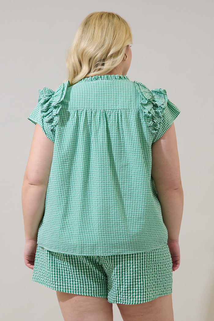 Tamara Gingham Ramona Ruffle Split Neck Top Curve