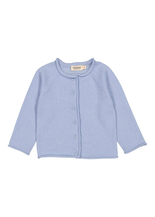 Lyseblå babys cardigan med knaplukning, rund hals og lange ærmer