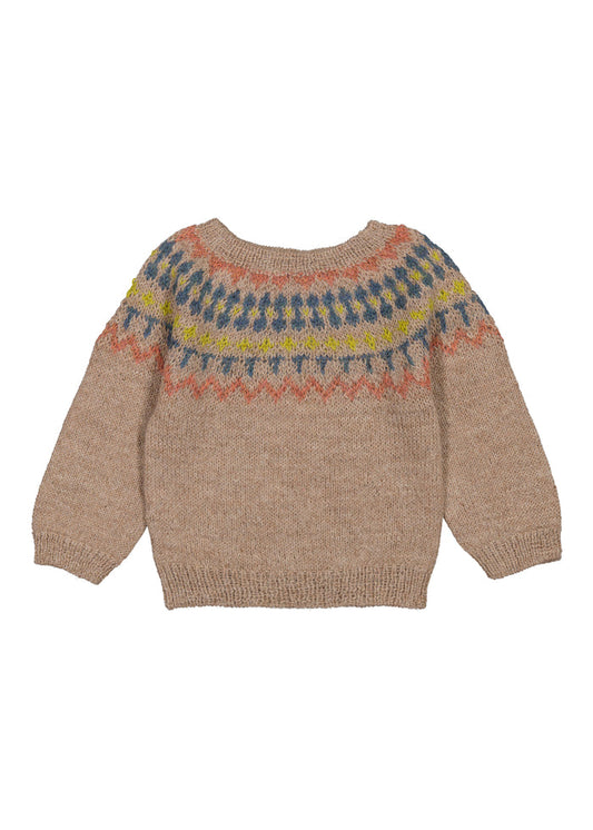 Beige wool knit blouse for baby with colored pattern at the neck