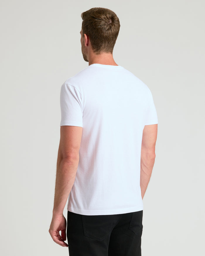Man in All White Crew 10-Pack T-shirt, back view.