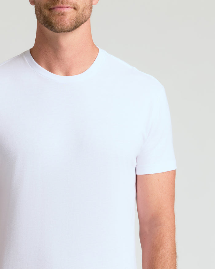 White crew neck short sleeve t-shirt on male torso.