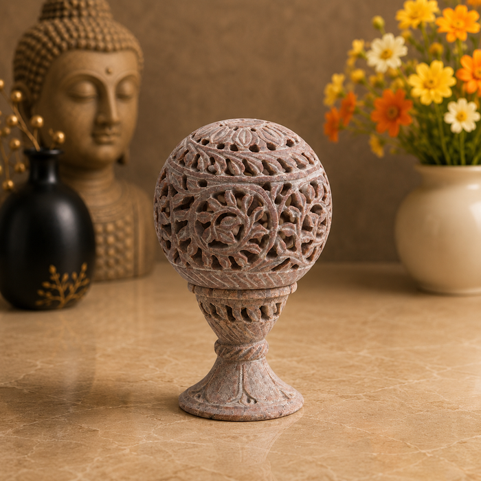 White Whale Natural Soapstone Marble Oval-Shaped Tea Light/Candle/Votive Holder/Oil Burner with Stand and Intricate Carved Foliage Mesh Work Pattern on All Sides