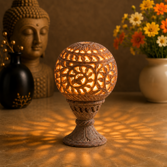 White Whale Natural Soapstone Marble Oval-Shaped Tea Light/Candle/Votive Holder/Oil Burner with Stand and Intricate Carved Foliage Mesh Work Pattern on All Sides