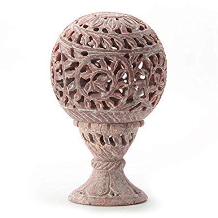 White Whale Natural Soapstone Marble Oval-Shaped Tea Light/Candle/Votive Holder/Oil Burner with Stand and Intricate Carved Foliage Mesh Work Pattern on All Sides