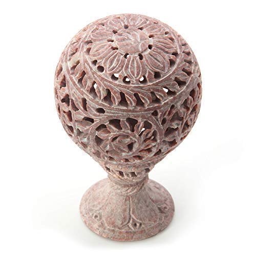 White Whale Natural Soapstone Marble Oval-Shaped Tea Light/Candle/Votive Holder/Oil Burner with Stand and Intricate Carved Foliage Mesh Work Pattern on All Sides