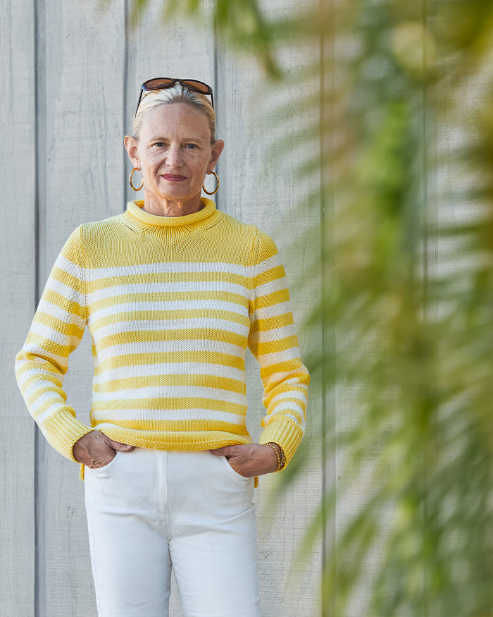 Women's Breton Stripe Fisherman's Sweater in Lemon/Egret