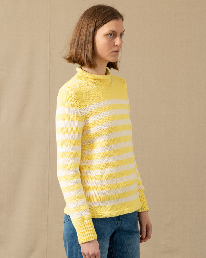 Women's Breton Stripe Fisherman's Sweater in Lemon/Egret