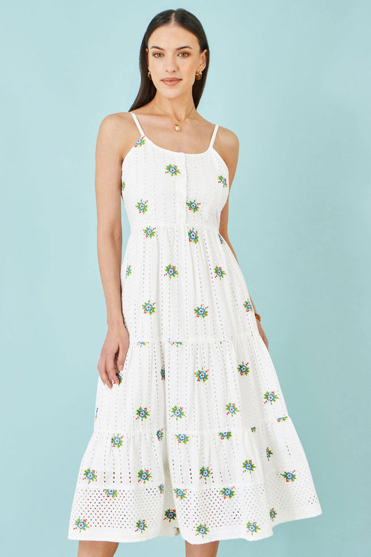 The Broderie – White Cotton Embroidered Midi Dress - Bascora